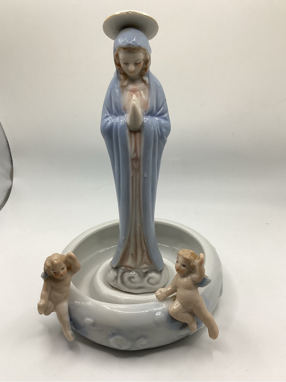 GORGEOUS Lipper and Mann porcelain Holy Water font Mother Mary with Angels VTG